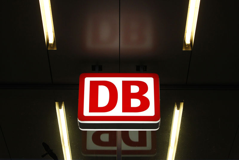© Reuters. Deutsche Bahn sign is pictured over entrance at train station in Munich