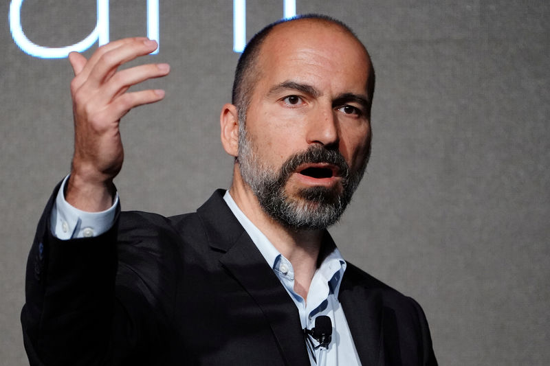 © Reuters. The CEO of ride-hailing app Uber Dara Khosrowshahi pictured on stage during an event in New York