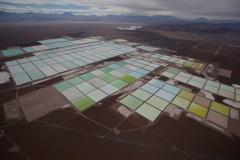 © Reuters. FILE PHOTO: An aerial view shows the brine pools of SQM lithium mine on the Atacama salt flat in the Atacama desert of northern Chile