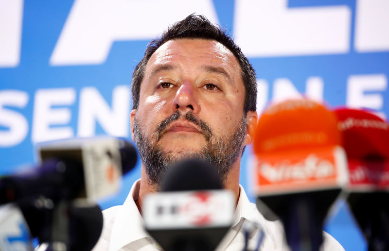 © Reuters. Deputy Prime Minister and League party leader Matteo Salvini speaks to the media at the League party headquarters in Milan