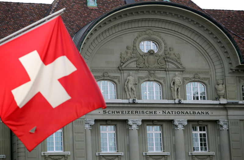 © Reuters. A Swiss flag is pictured in front of the Swiss National Bank (SNB) in Bern