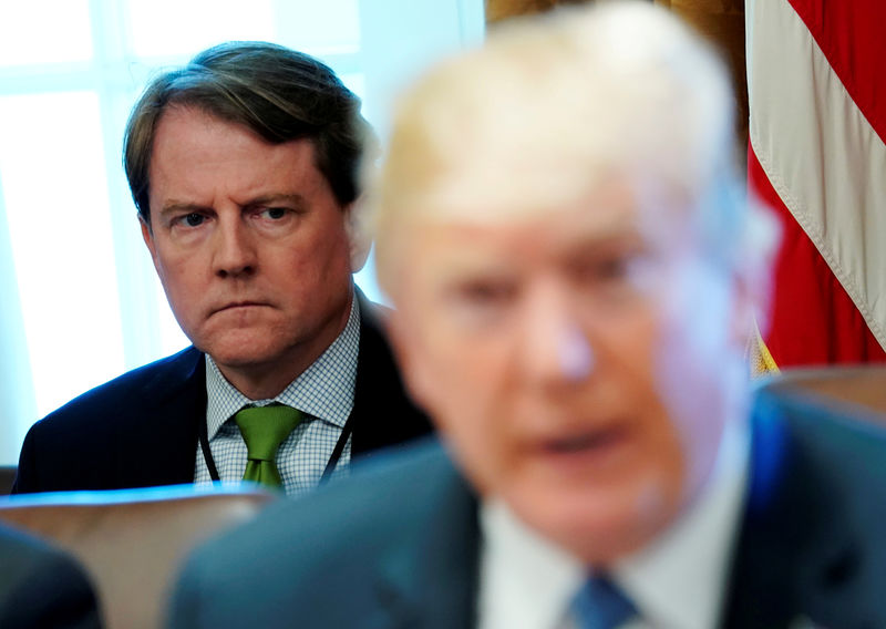 © Reuters. FILE PHOTO: White House Counsel McGahn listens to U.S. President Trump hold a cabinet meeting at the White House in Washington