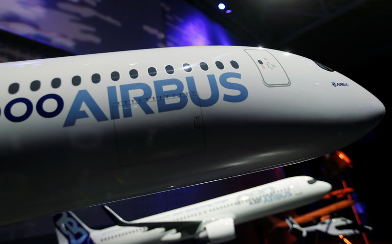 © Reuters. The Airbus logo is pictured on a scale model of an Airbus A350 as Airbus announces annual results in Blagnac