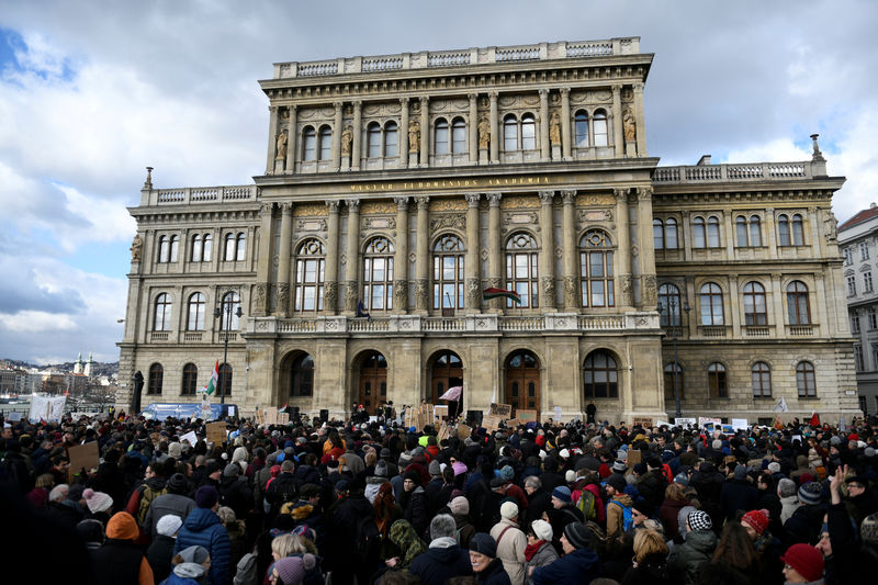 © Reuters. FILE PHOTO: People gather outside the Hungarian Academy of Sciences to protest against government plans to weaken the institution in Budapest