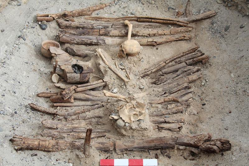 © Reuters. Wooden braziers and a skeleton found in the tomb M12 at an archaeological site in the Pamir Mountains in Xinjiang region