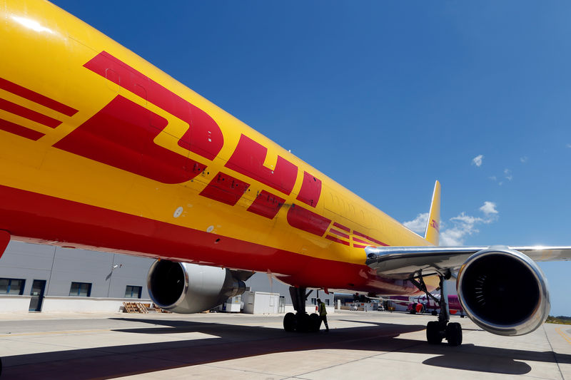 © Reuters. A DHL logo is seen on a DHL Boeing 757 aircraft during a charity fundraising event at the Safi Aviation Park in Safi