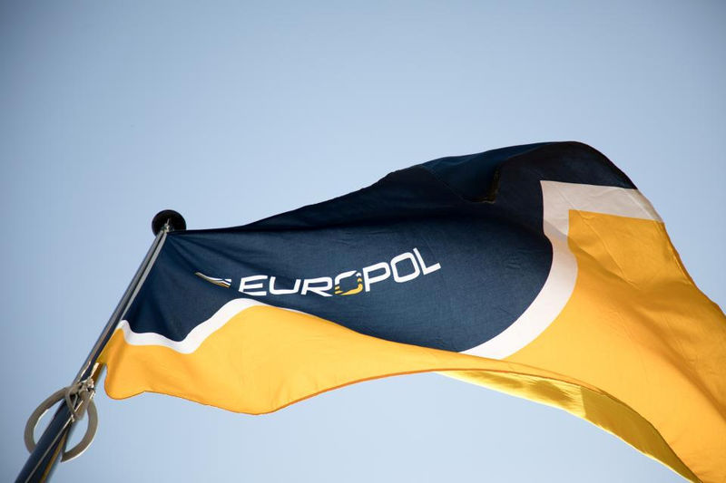 © Reuters. Undated handout archive photo shows Europol's flag outside the headquarters in The Hague
