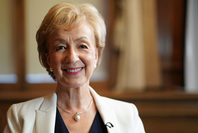 © Reuters. FILE PHOTO:  British Conservative Andrea Leadsom smiles during an interview with Reuters, after launching her campaign for the Conservative Party leadership, in London