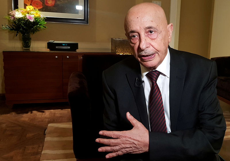 © Reuters. Aguila Saleh, Head of East Libya Parliament, speaks during an interview with Reuters in Cairo