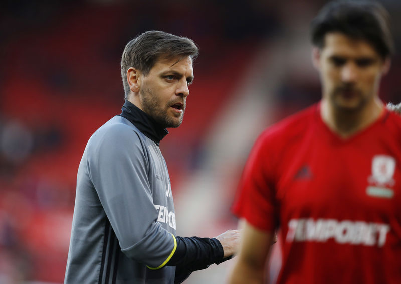 © Reuters. Middlesbrough first team coach Jonathan Woodgate during the warm up before the match