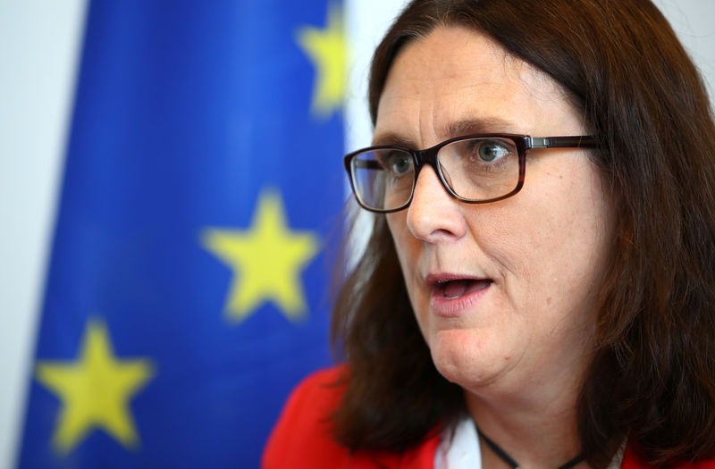 © Reuters. EU Trade Commissioner Malmstrom attends an interview with Reuters in Geneva