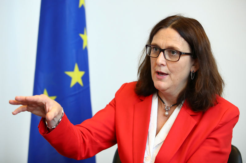 © Reuters. EU Trade Commissioner Malmstrom attends an interview with Reuters in Geneva