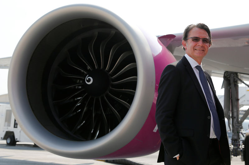 © Reuters. Gael Meheust, President and CEO of CFM poses in front of LEAP-1A engine of an Airbus A321neo, during the 52nd Paris Air Show at Le Bourget airport near Paris