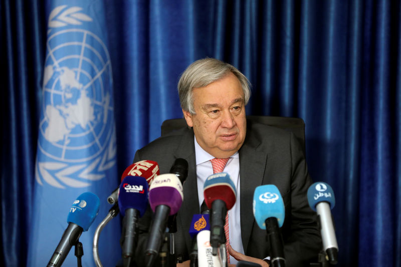 © Reuters. Secretary General of the United Nations Antonio Guterres speaks during a news conference in Tripoli