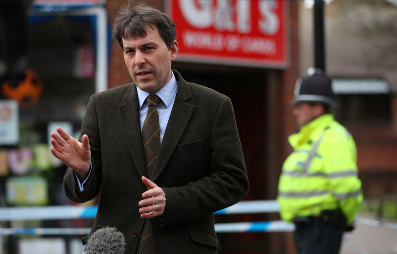 © Reuters. FILE PHOTO: John Glen, local Member of Parliament for Salisbury and South Wiltshire, talks to the media in Salisbury