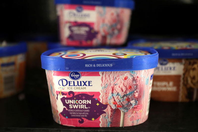 © Reuters. Kroger Best "Unicorn Swirl" ice cream pictured on a shelf in a Kroger in Columbia