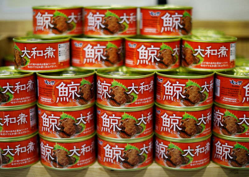 © Reuters. Canned whale meat are displayed at a roadside store named WA-O! in Minamiboso