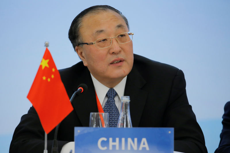 © Reuters. The head of the Chinese delegation Assistant Minister of Foreign Affairs Zhang Jun delivers his opening remarks during a P5 NPT conference in Beijing