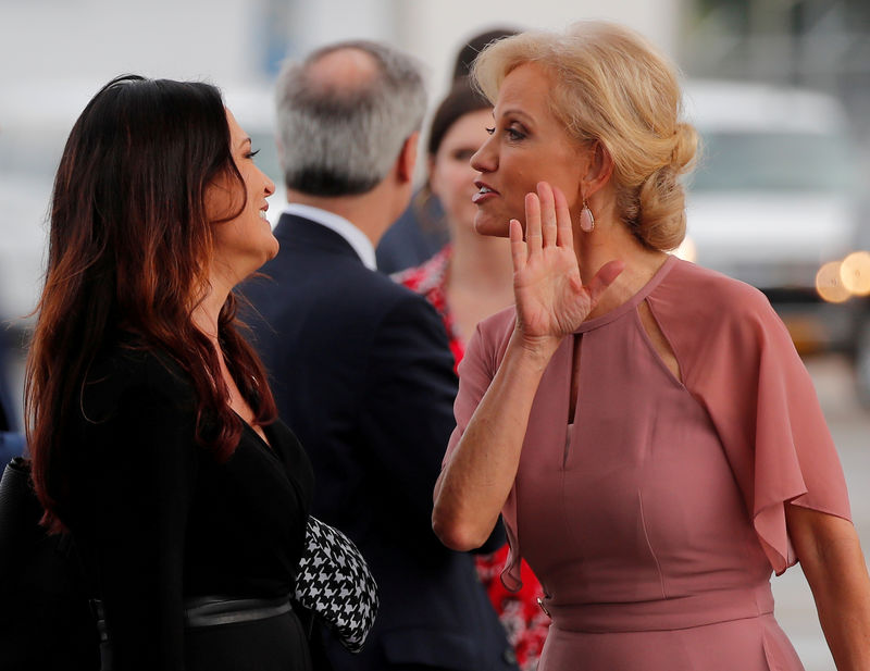 © Reuters. FILE PHOTO: White House senior advisor Kellyanne Conway with Stephanie Grisham, spokesperson for first lady Melania Trump in Orlando, Florida