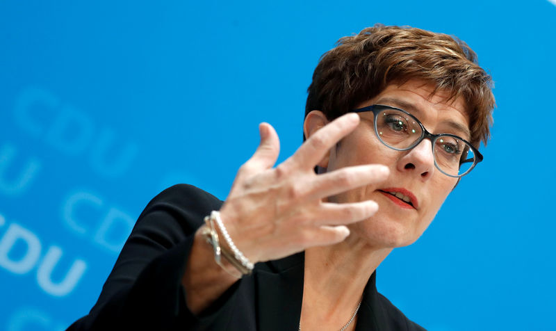 © Reuters. FILE PHOTO: CDU Chairwoman Kramp-Karrenbauer addresses a news conference at party headquarters in Berlin