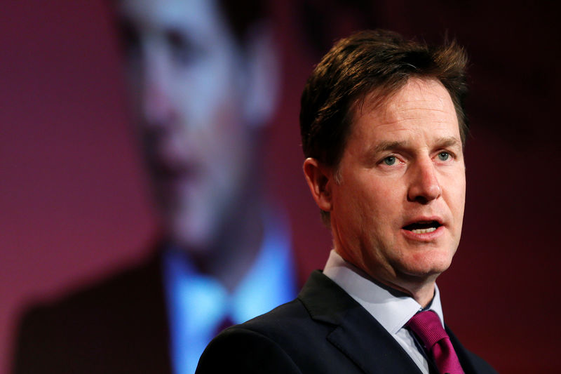 © Reuters. FILE PHOTO: Britain's deputy Prime Minister and leader of the Liberal Democrats, Clegg speaks during the British Chambers of Commerce annual meeting in central London