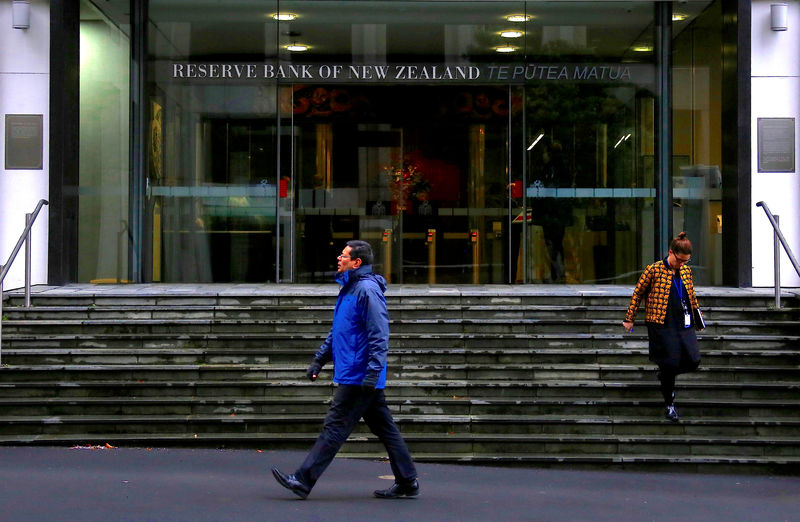 © Reuters. FILE PHOTO: Pedestrians walk near the main entrance to the Reserve Bank of New Zealand located in central Wellington, New Zealand