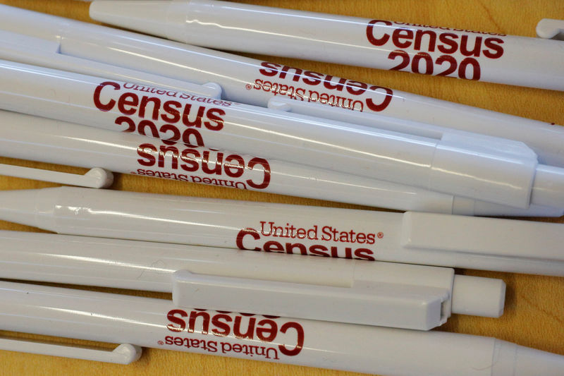 © Reuters. FILE PHOTO: Pens are available at an event for community activists and local government leaders to mark the one-year-out launch of the 2020 census efforts in Boston