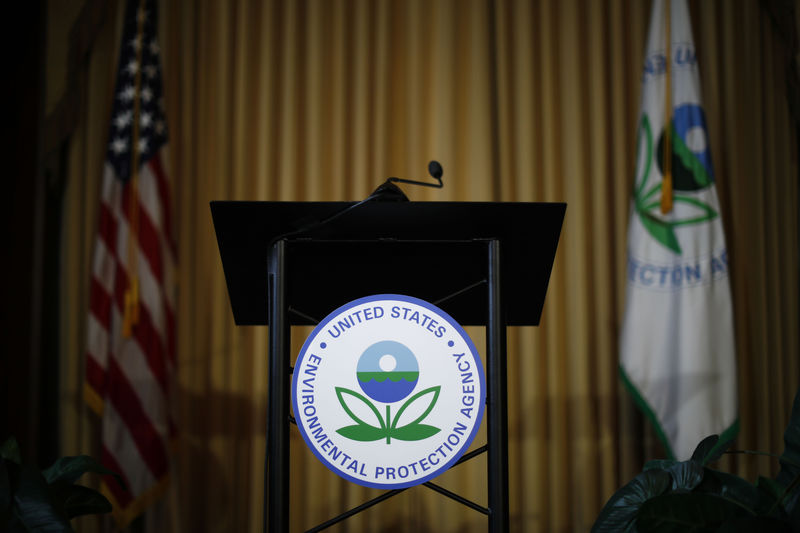 © Reuters. Podium awaits the arrival of U.S. EPA Acting Administrator Andrew Wheeler to address staff at EPA Headquarters in Washington