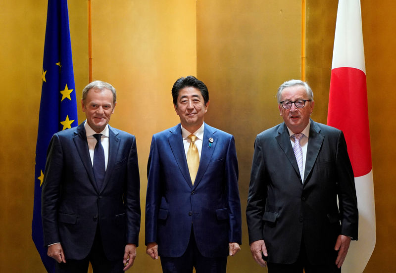 © Reuters. FILE PHOTO: European Commission President Jean-Claude Juncker and European Council President Donald Tusk pose for a photograph with Japanese Prime Minister Shinzo Abe prior to their working lunch on the sidelines of the G20 Summit in Osaka