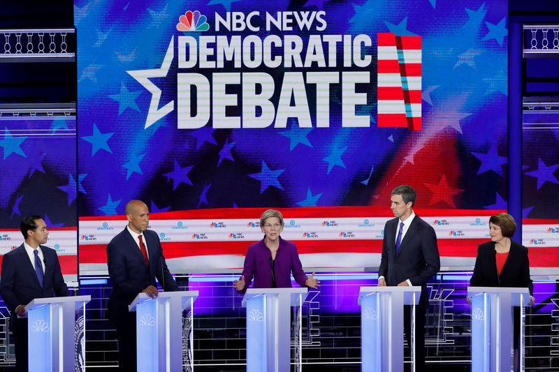 © Reuters. FILE PHOTO: Senator Warren speaks at the first U.S. 2020 presidential election Democratic candidates debate in Miami, Florida, U.S.,