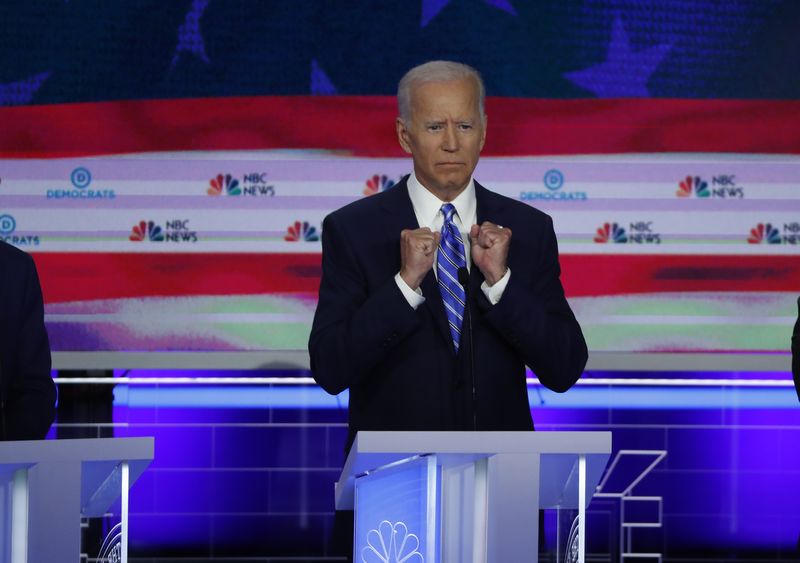 © Reuters. Former Vice President Joe Biden speaks during the second night of the first U.S. 2020 presidential election Democratic candidates debate in Miami, Florida, U.S.