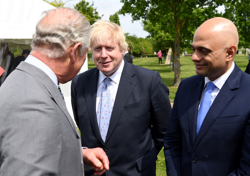 © Reuters. Britain's Prince Charles chats to Foreign Secretary Boris Johnson and Home Secretary Sajid Javid following the dedication service for the National Memorial to British Victims of Overseas Terrorism at the National Memorial Arboretum in Arewas