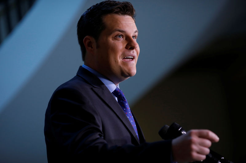 © Reuters. FILE PHOTO: Rep. Matt Gaetz (R-FL) speaks with the media about the memo released by the House Intelligence Committee in Washington