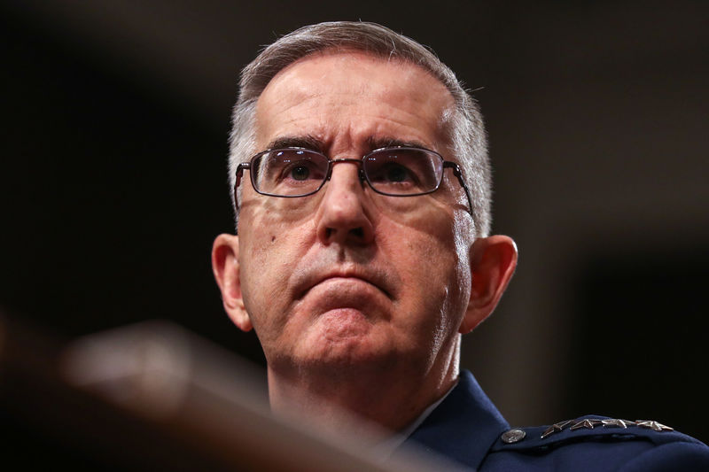 © Reuters. Air Force Gen. John E. Hyten speaks at a Senate Armed Services hearing on the proposal to establish a U.S. Space Force in Washington