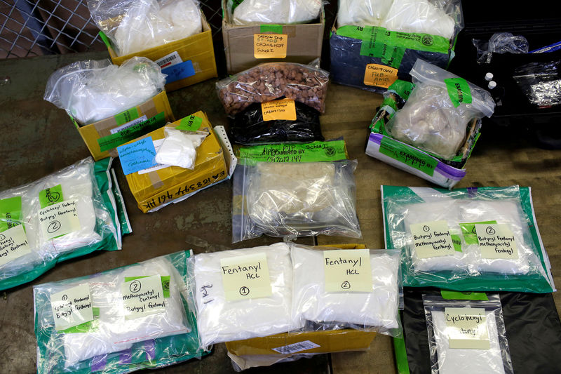 © Reuters. FILE PHOTO: Plastic bags of fentanyl are displayed on a table at the U.S. Customs and Border Protection area at the International Mail Facility at O'Hare International Airport in Chicago