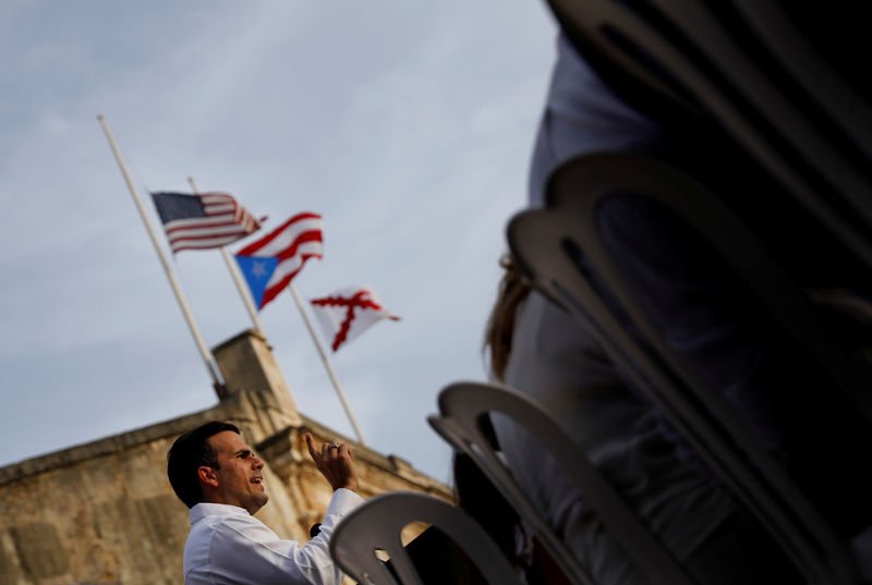 © Reuters. FILE PHOTO: Governor of Puerto Rico Ricardo Rossello delivers remarks during a commemorative event organized by the local government a year after Hurricane Maria devastated Puerto Rico, in San Juan, Puerto Rico