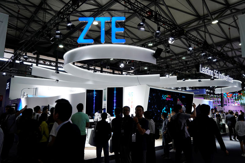 © Reuters. Un'insegna con il logo ZTE al Mobile World Congress (MWC) di Shanghai, Cina, 28 giugno 2019
