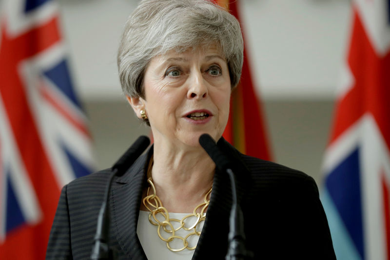 © Reuters. FILE PHOTO :Britain's PM May delivers a speech at headquarters of Joint Forces Command in Northwood, London