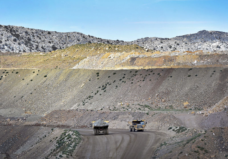 © Reuters. FILE PHOTO: Heavy mining equipment haul ore at the Mountain Pass Rare Earth facility in Mountain Pass, California