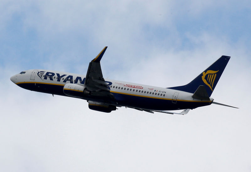 © Reuters. FILE PHOTO: A Ryanair commercial passenger jet takes off in Blagnac near Toulouse