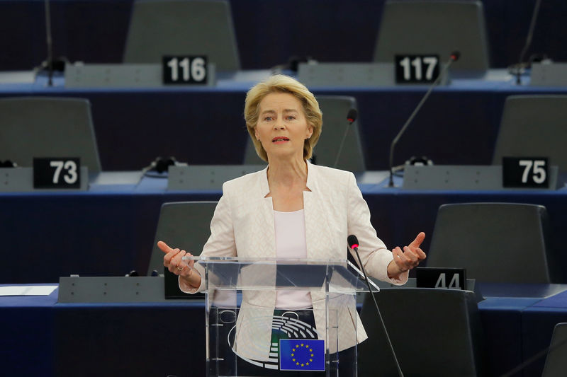 © Reuters. Designated European Commission President von der Leyen delivers a speech during a debate on her election at the European Parliament in Strasbourg