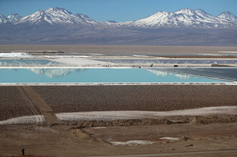 © Reuters. FILE PHOTO: Brine pools from a lithium mine, that belongs U.S.-based Albemarle Corp, is seen on the Atacama salt flat in the Atacama desert