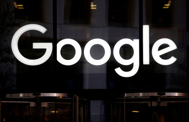 © Reuters. FILE PHOTO: The Google logo is pictured at the entrance to the Google offices in London