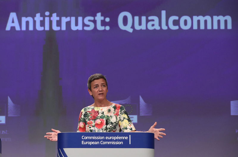 © Reuters. European Competition Commissioner Margrethe Vestager addresses a news conference on an antitrust case in Brussels