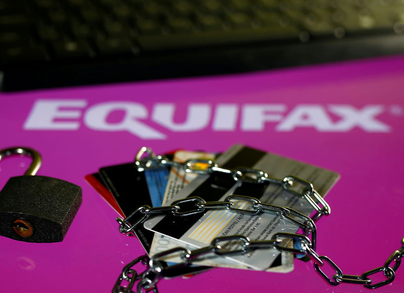 © Reuters. FILE PHOTO: Credit cards, a chain and an open padlock is seen in front of displayed Equifax logo in this illustration