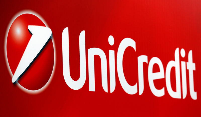 © Reuters. Unicredit bank logo is seen on a banner downtown Milan