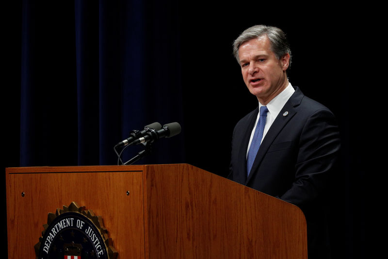 © Reuters. U.S. Attorney General Barr and FBI Director Wray attend FBI National Academy Graduation Ceremony in Quantico, Virginia.