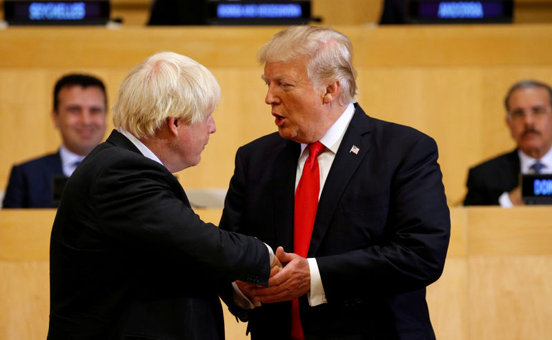 © Reuters. FILE PHOTO: U.S. President Donald Trump shakes hands with British Foreign Secretary Boris Johnson as they take part in a session on reforming the United Nations at U.N. Headquarters in New York
