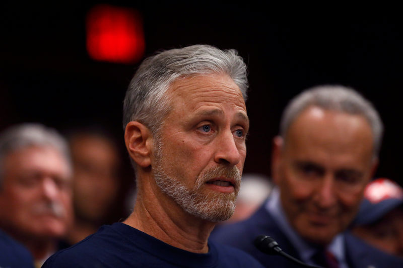 © Reuters. Jon Stewart, former host of Comedy Central's "The Daily Show" speaks at a news conference following the Senate vote on the "Never Forget the Heroes Act" on Capitol Hill in Washington