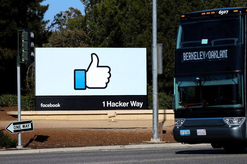 © Reuters. FILE PHOTO: An employee bus is seen next to the entrance sign to Facebook headquarters in Menlo Park